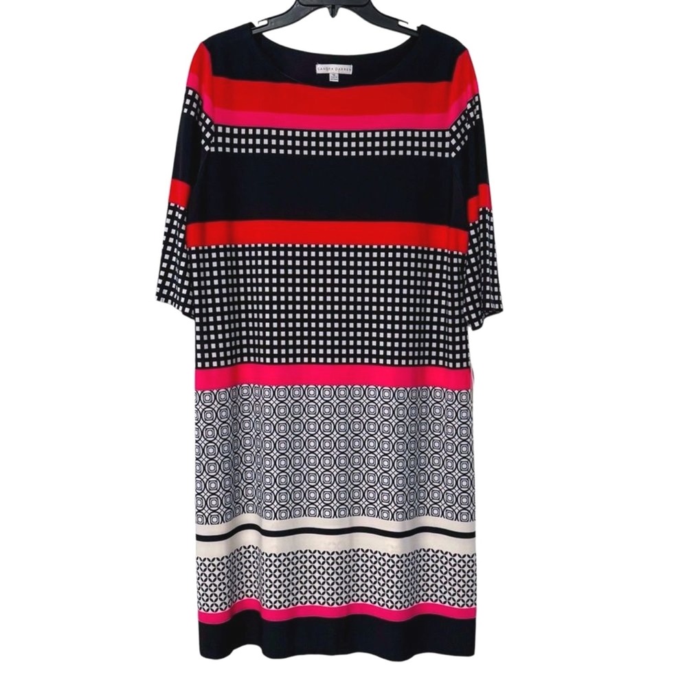 Sandra Darren Women Size 16 Geometric Striped Colorblock Shift‎ Dress Black Red